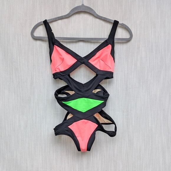 Agent Provocateur Mazzy Swimsuit Womens AP 3/US 6 Green/Pink One Piece Bandage - Picture 2 of 11